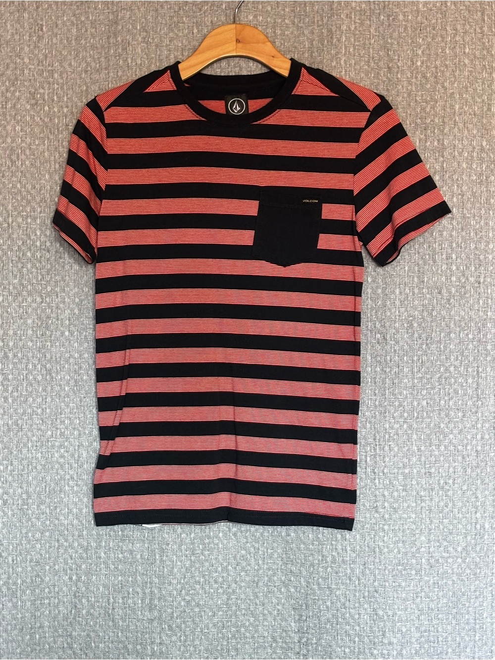 Volcom Boys Red and Black Striped Pocket T-Shirt